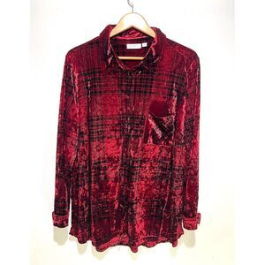 Belle by Kim Gravel velvet button up shirt red plaid long sleeve fest women 2X